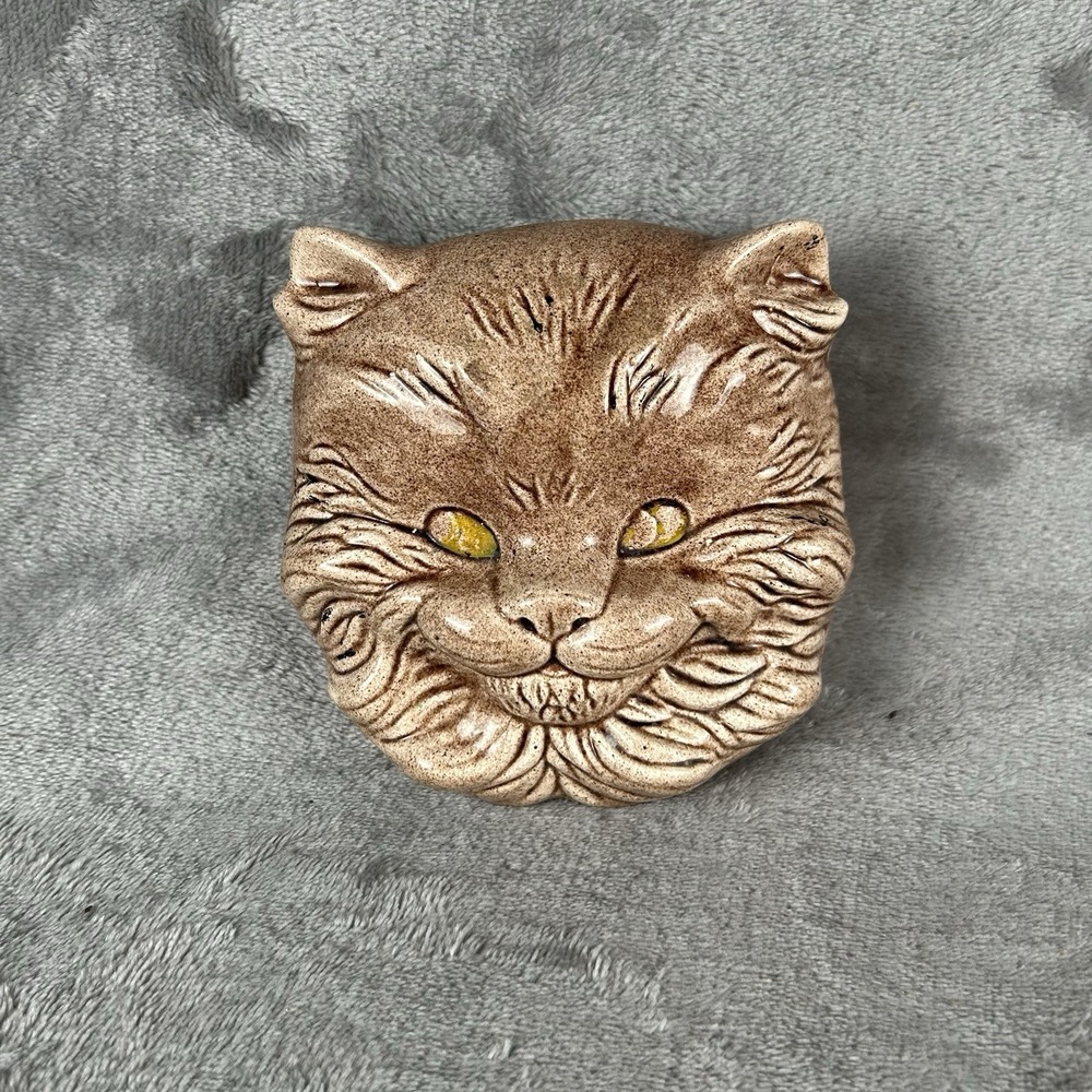 Vintage Ceramic Cat Face Wall Pocket Planter Brown Glazed Kitsch Succulent Pot